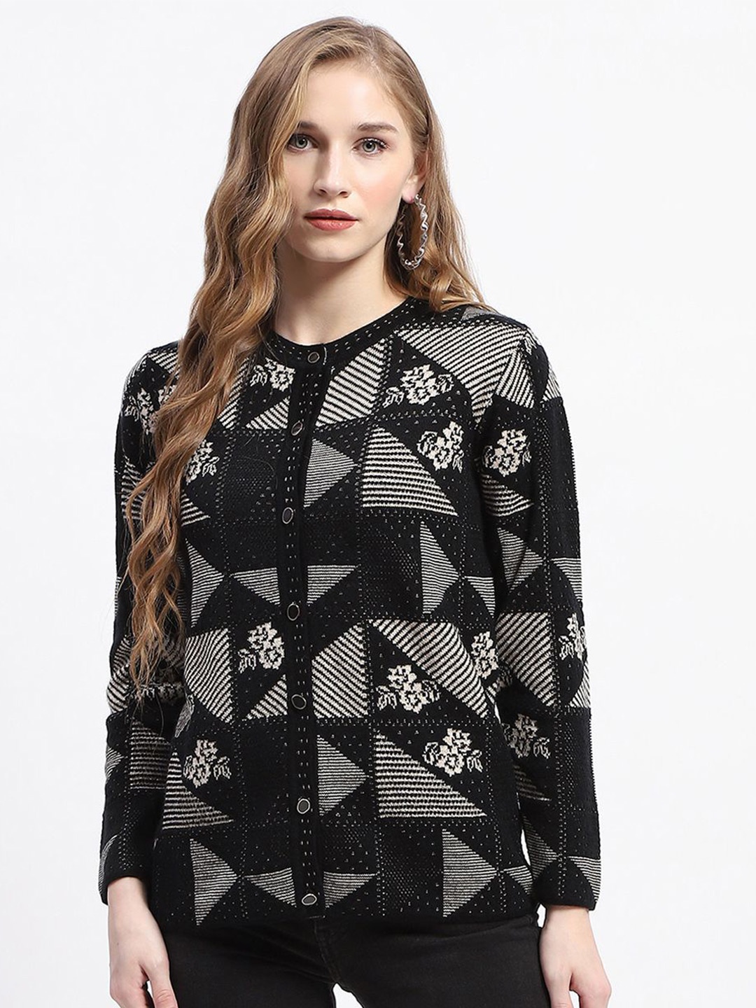 

Madame Women Geometric Self Design Cardigan, Black