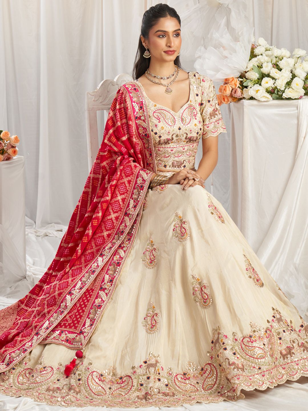 

panchhi Paisley Embroidered Tissue Semi-Stitched Lehenga & Unstitched Blouse With Dupatta, Cream