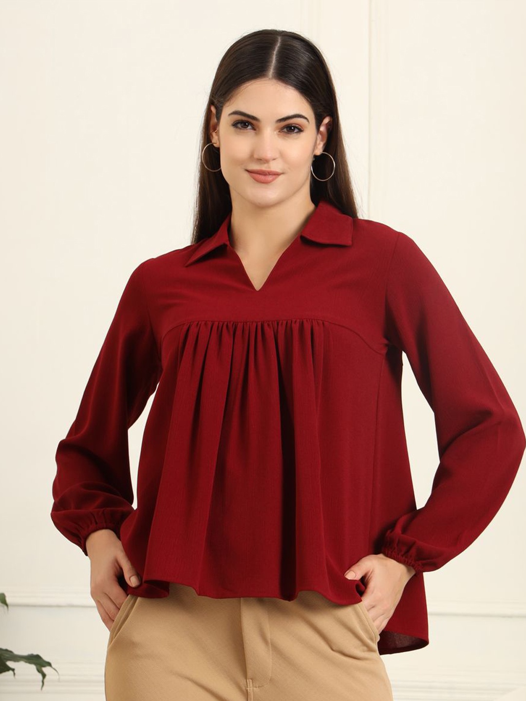 

FITHUB Women Solid V-Neck Top, Maroon