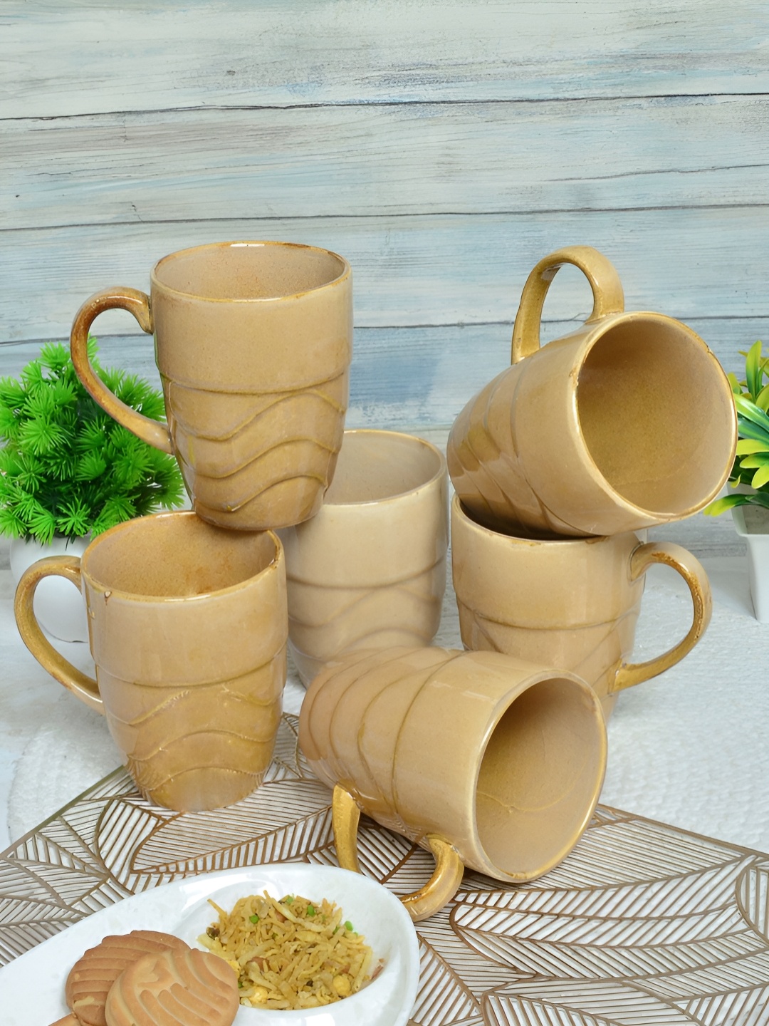 

FABINALIV Brown 6 Pieces Printed Ceramic Glossy Mugs 300 ml