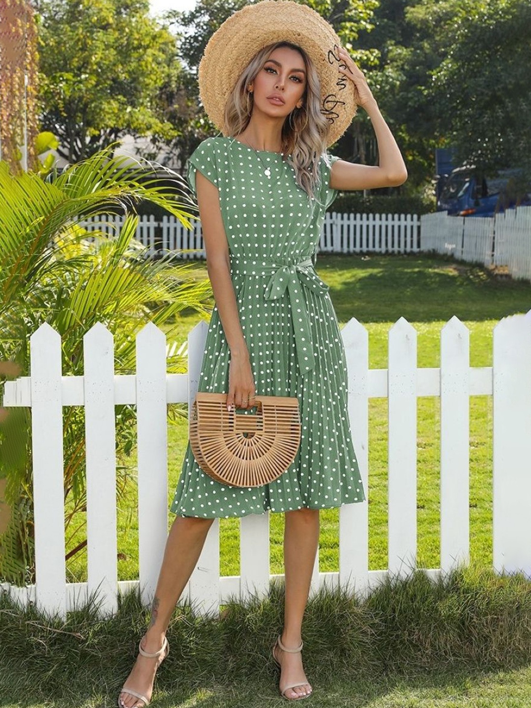 

StyleCast Women Polka Dot Printed Fit and Flare Dress, Green