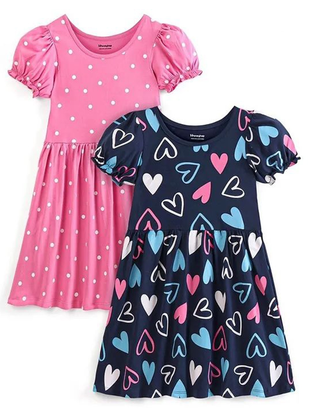 

Honeyhap Kids-Girls Pack of 2 Conversational Printed Fit and Flare Dresses, Navy blue