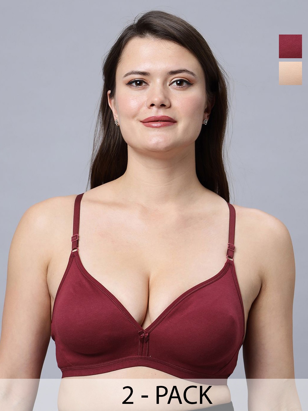 

In Care Pack Of 2 Half Coverage Non Padded Cotton T-Shirt Bra, Maroon