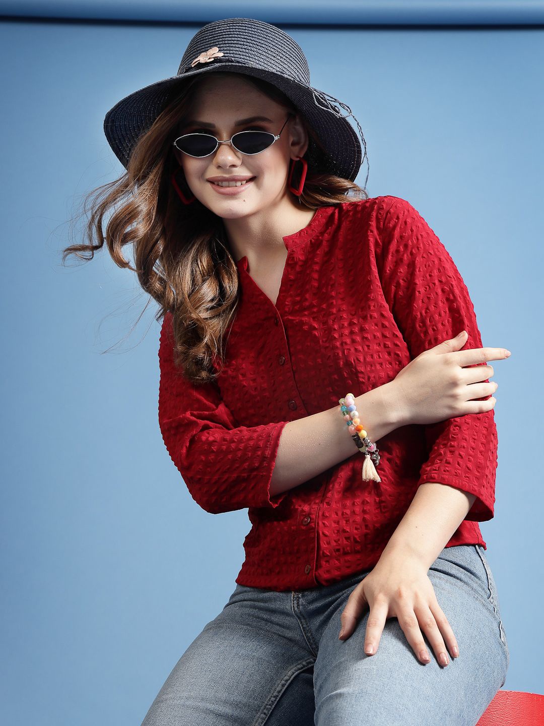 

BEING NAUGHTY Women Comfort Mandarin Collar Textured Casual Shirt, Red