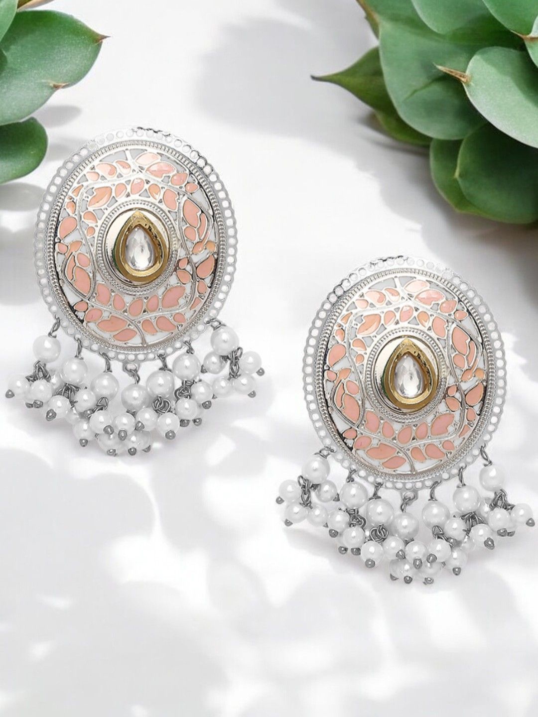 

OOMPH Silver-Plated Meenakari & Kundan Drop Earrings, Pink