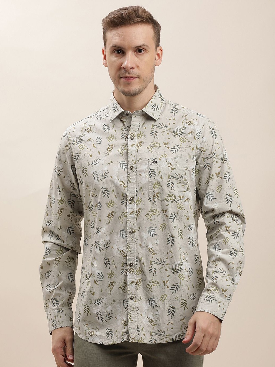 

Turtle Men Relaxed Spread Collar Floral Printed Cotton Slim Fit Casual Shirt, Grey