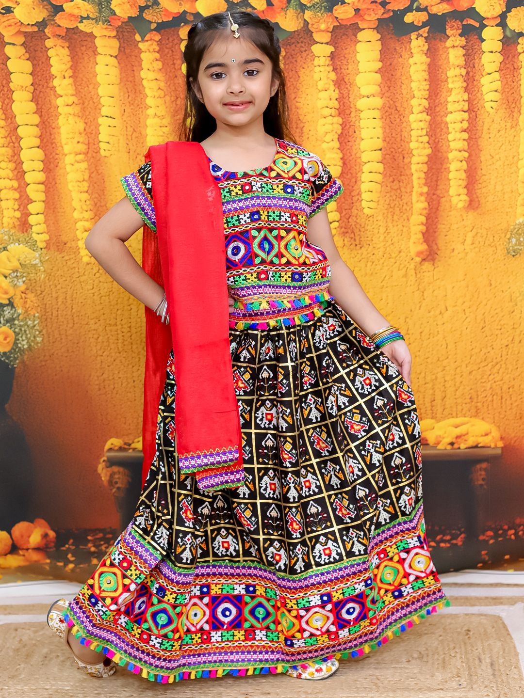 

BownBee Girls Embroidered Ready to Wear Cotton Lehenga & Blouse With Dupatta, Black