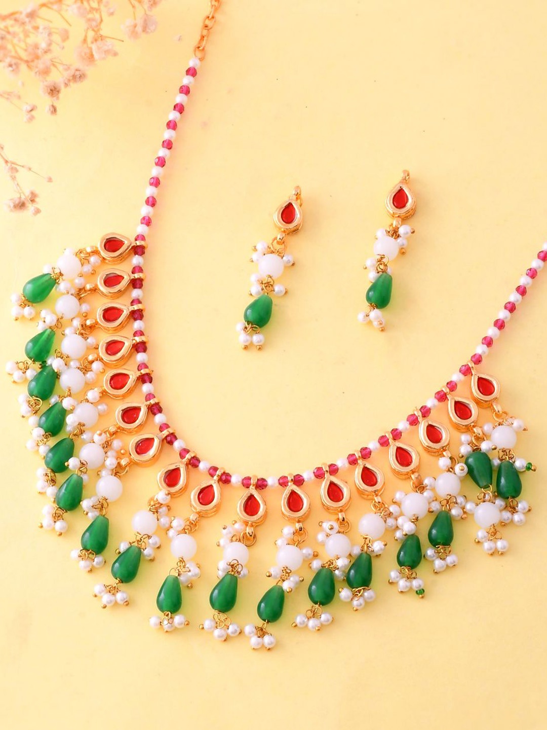 

DASTOOR Gold-Plated Stone-Studded & Beaded Necklace & Earrings