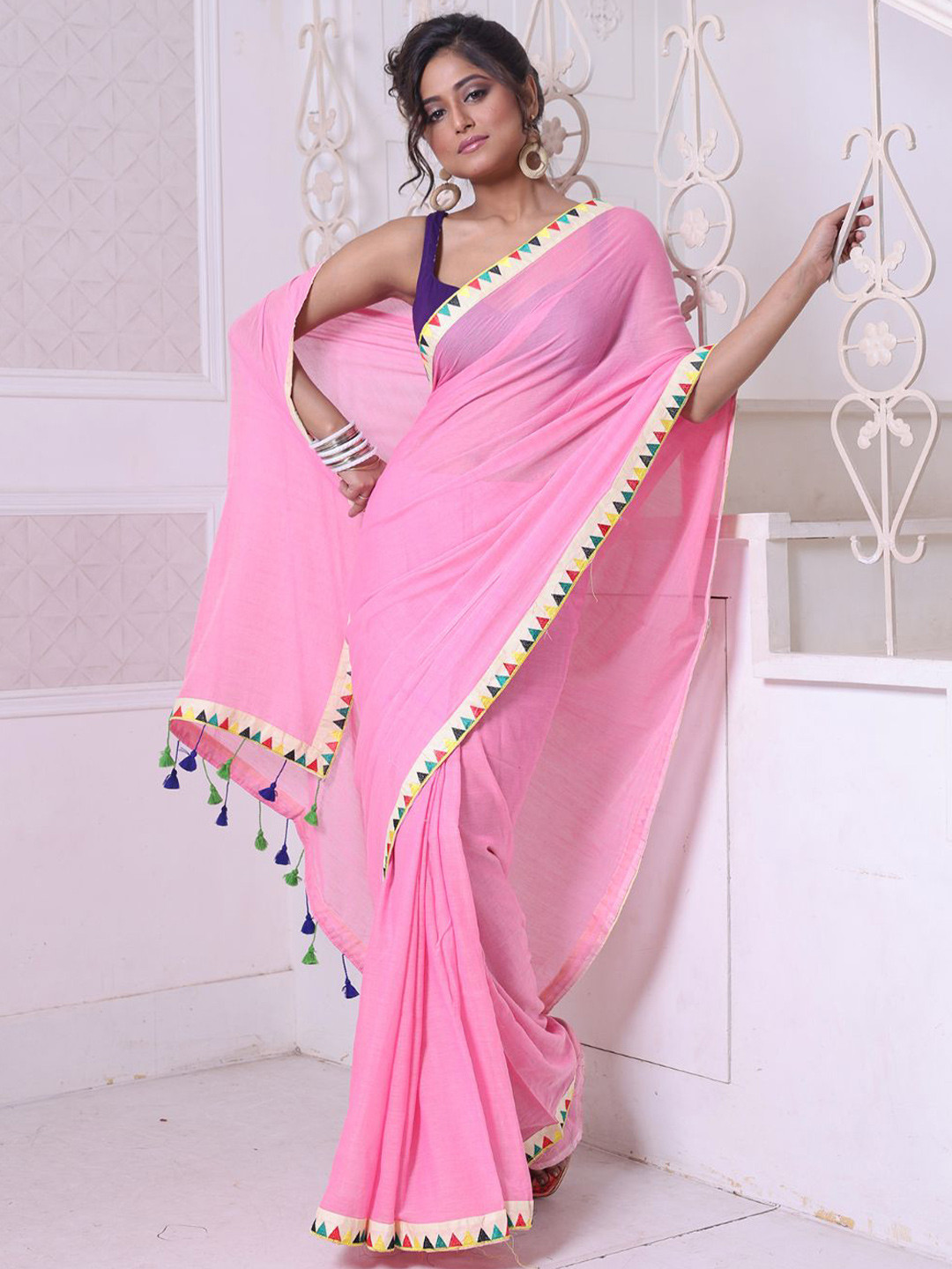 

Charukriti Patchwork Pure Cotton Saree, Pink