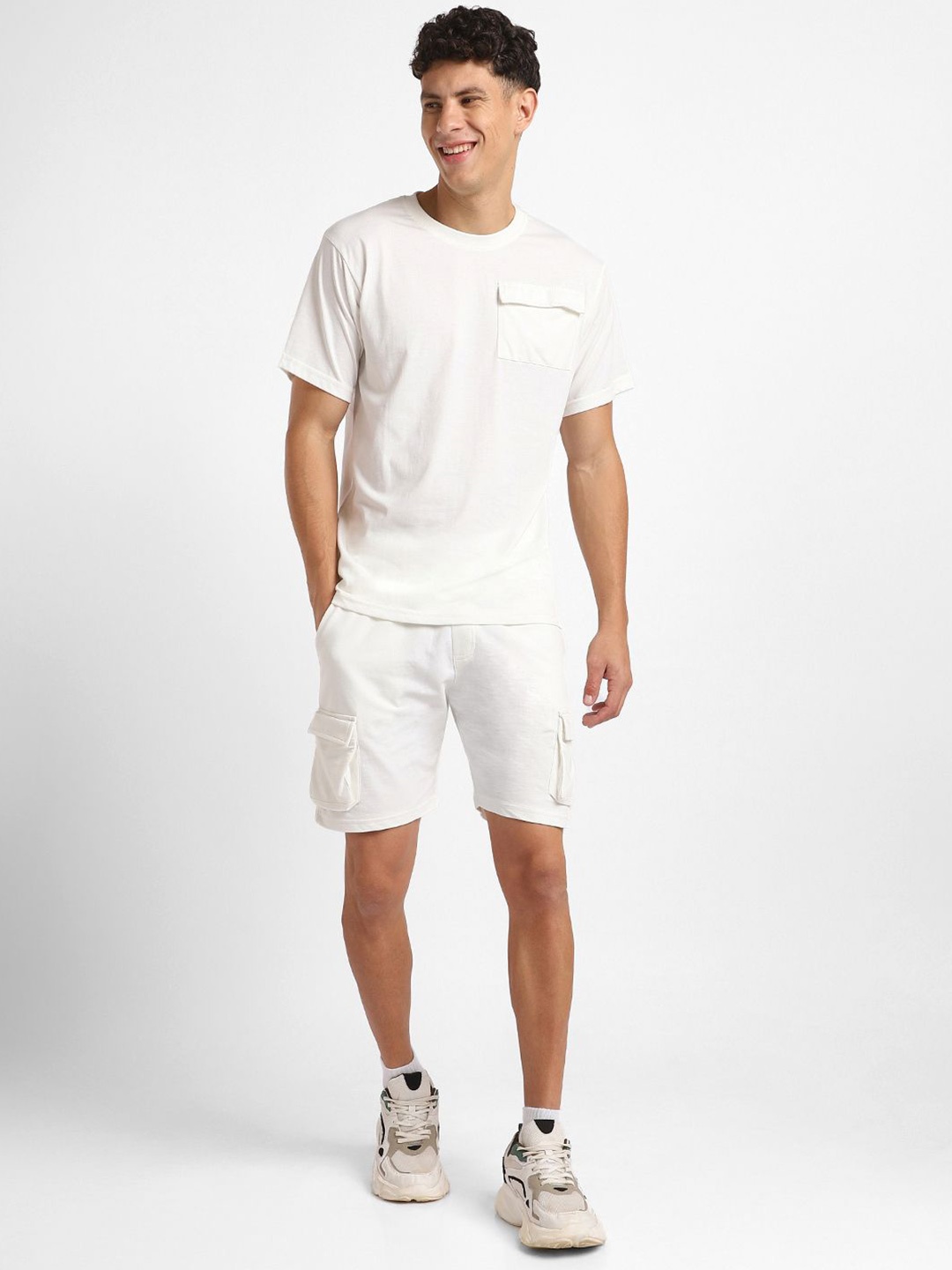 

NOBERO Pure Cotton Oversized T-Shirt With Cargo Shorts Co-ord Set, Off white