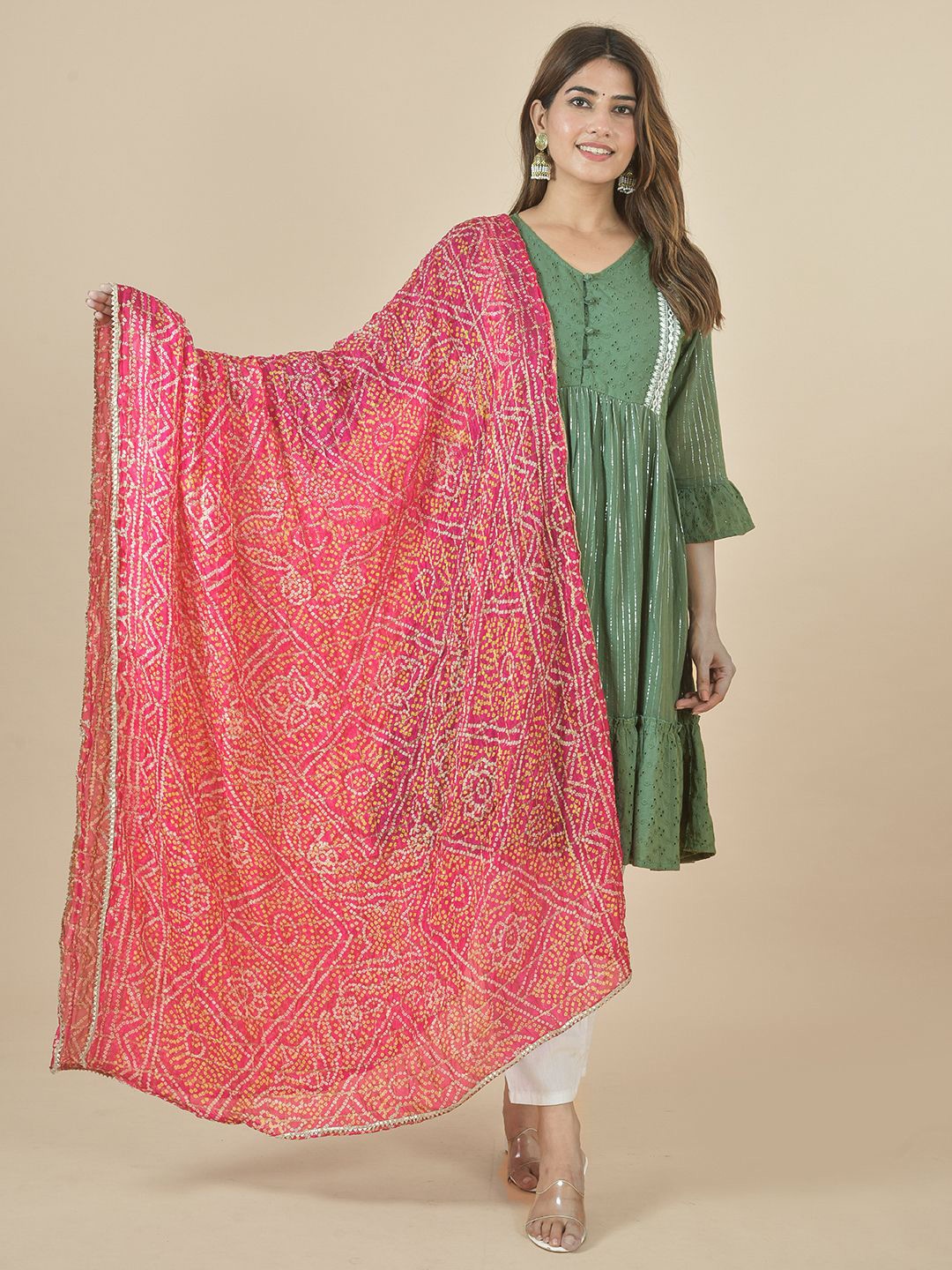

LA FEMINAE Bandhani Printed Dupatta, Pink