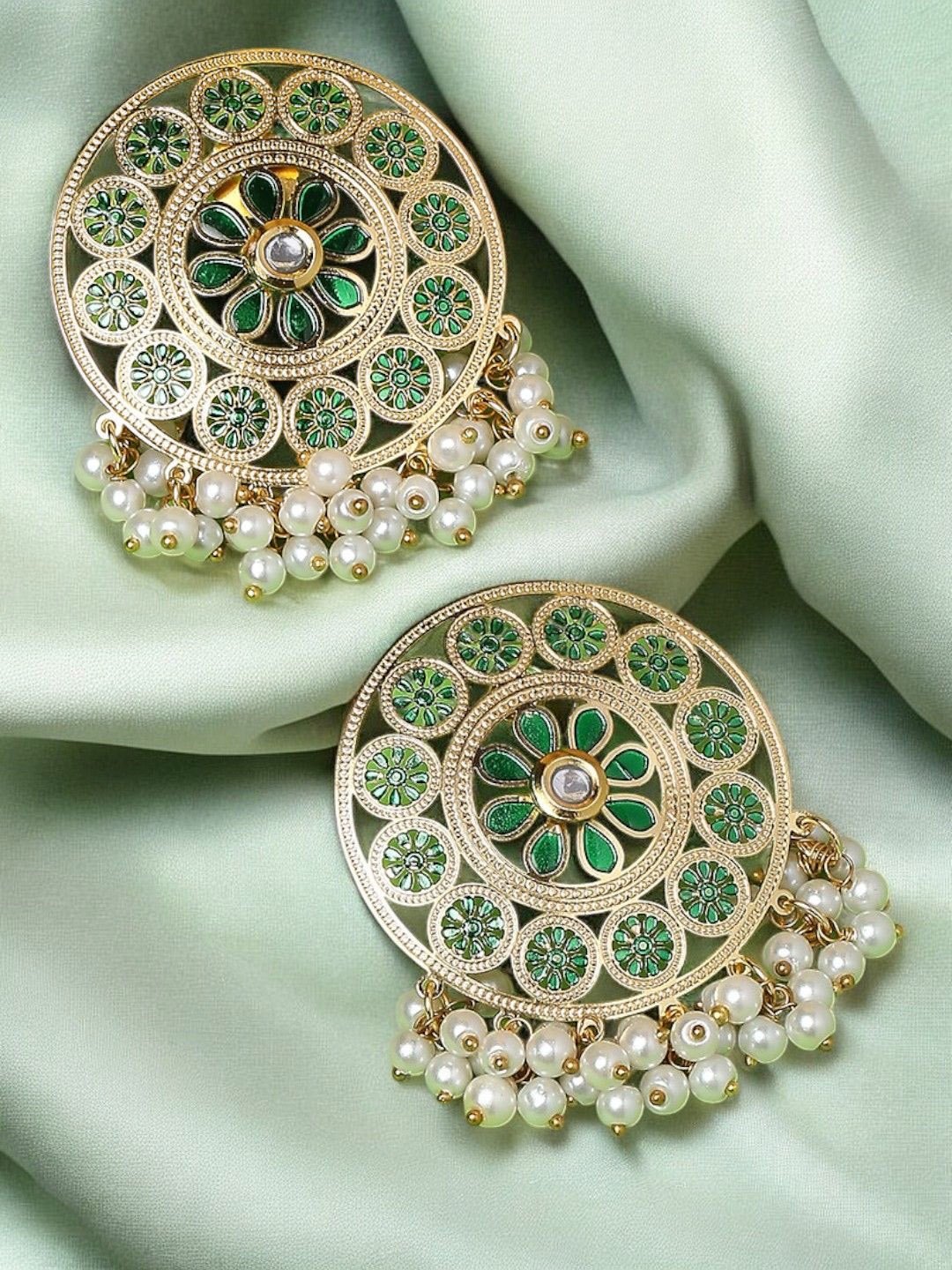 

OOMPH Gold-Plated Contemporary Meenakari & Kundan Drop Earrings, Green