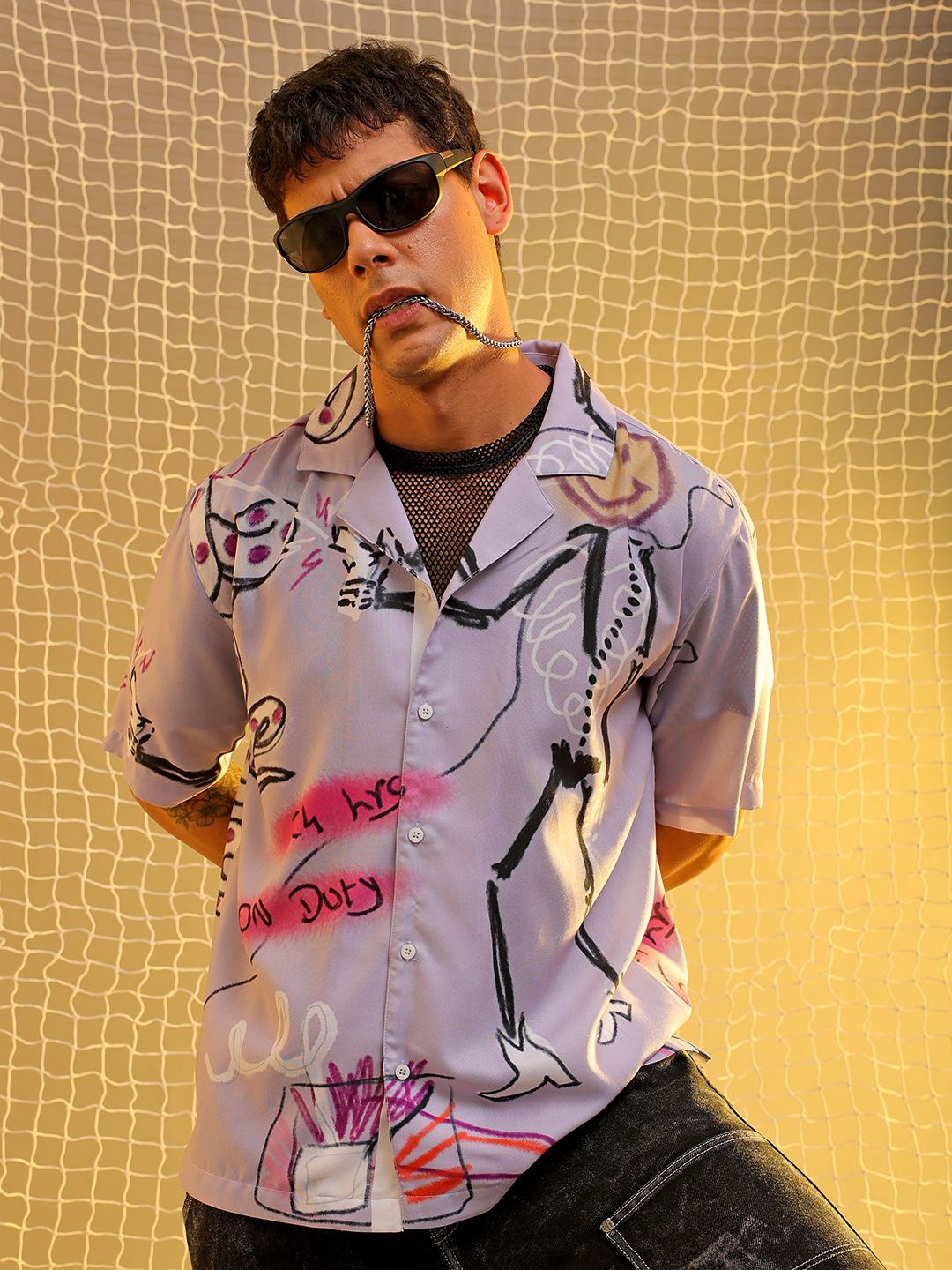 

The Indian Garage Co Men Cuban Collar Graphic Printed Oversized Casual Shirt, Lavender