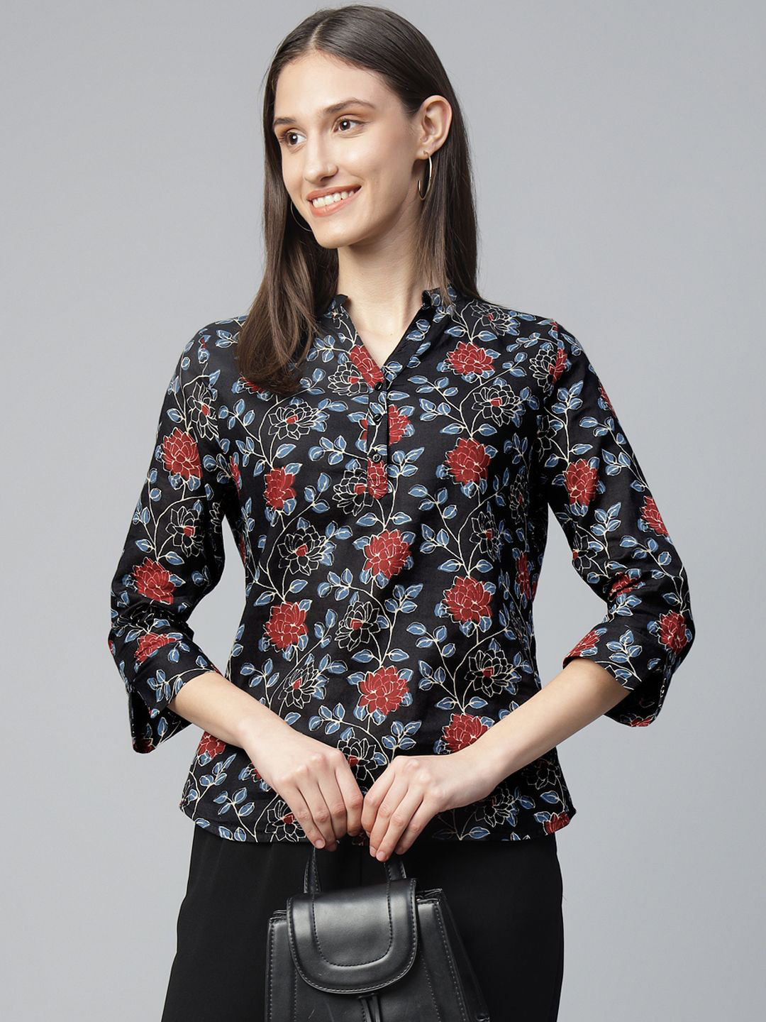 

Hancock Women Floral Printed Mandarin Collar Pure Cotton Formal Top, Black