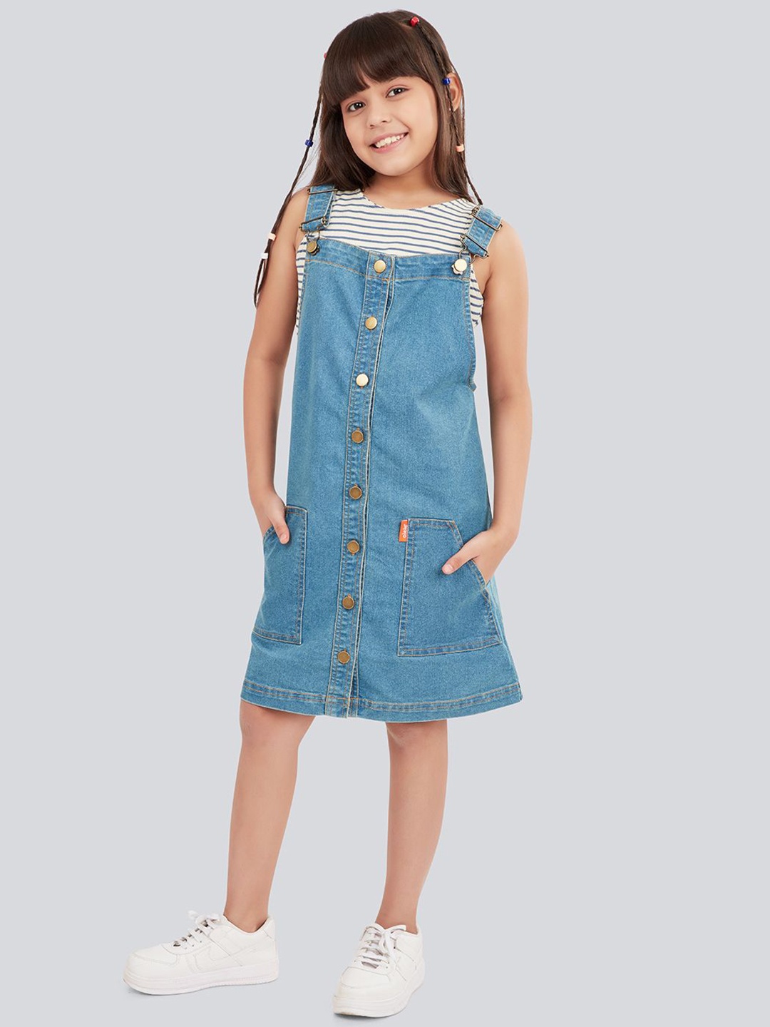 

Olele Girls Cotton Denim A-Line Dress, Blue