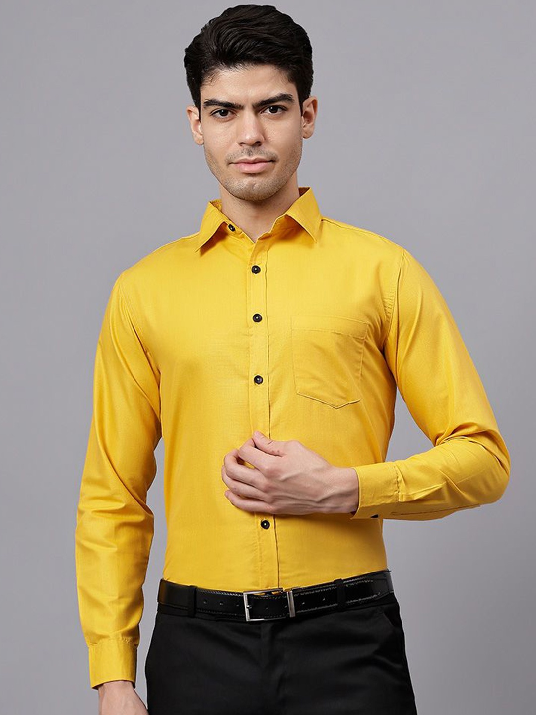 

univibe Men India Slim Spread Collar Solid Cotton Slim Fit Formal Shirt, Yellow