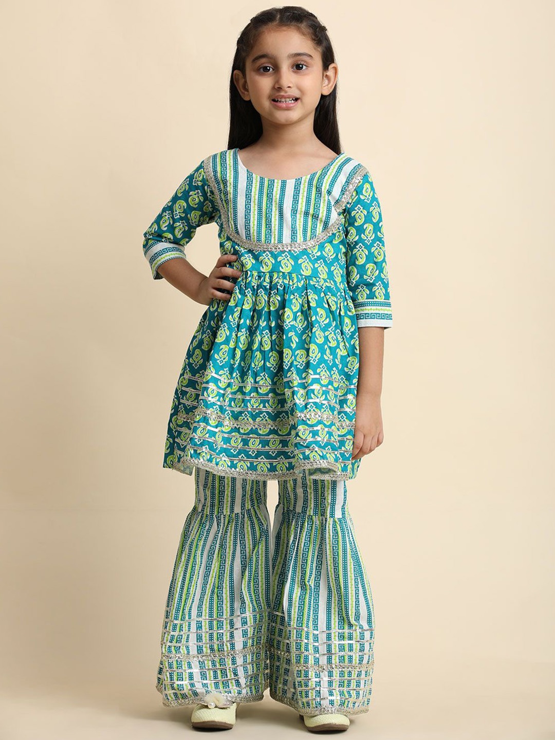 

SHIJILA Ethnic Motifs Printed Round Neck Gotta Patti Anarkali Kurta With Sharara, Blue