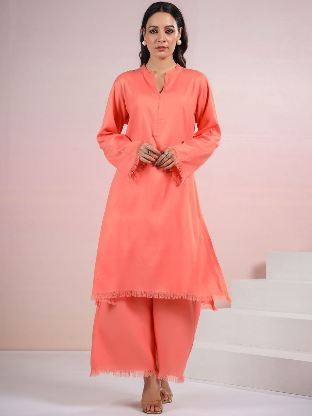 

Coordnord Mandarin Collar Regular Straight Kurta with Palazzos, Orange