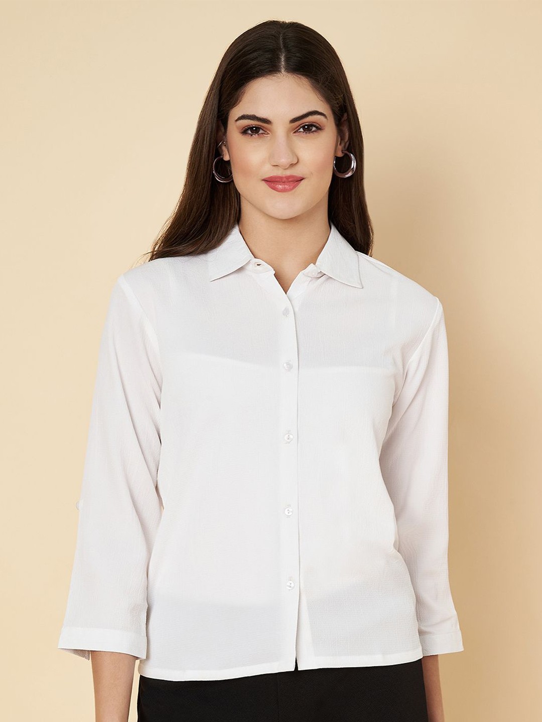 

Fbella Women Spread Collar Solid Casual Shirt, White