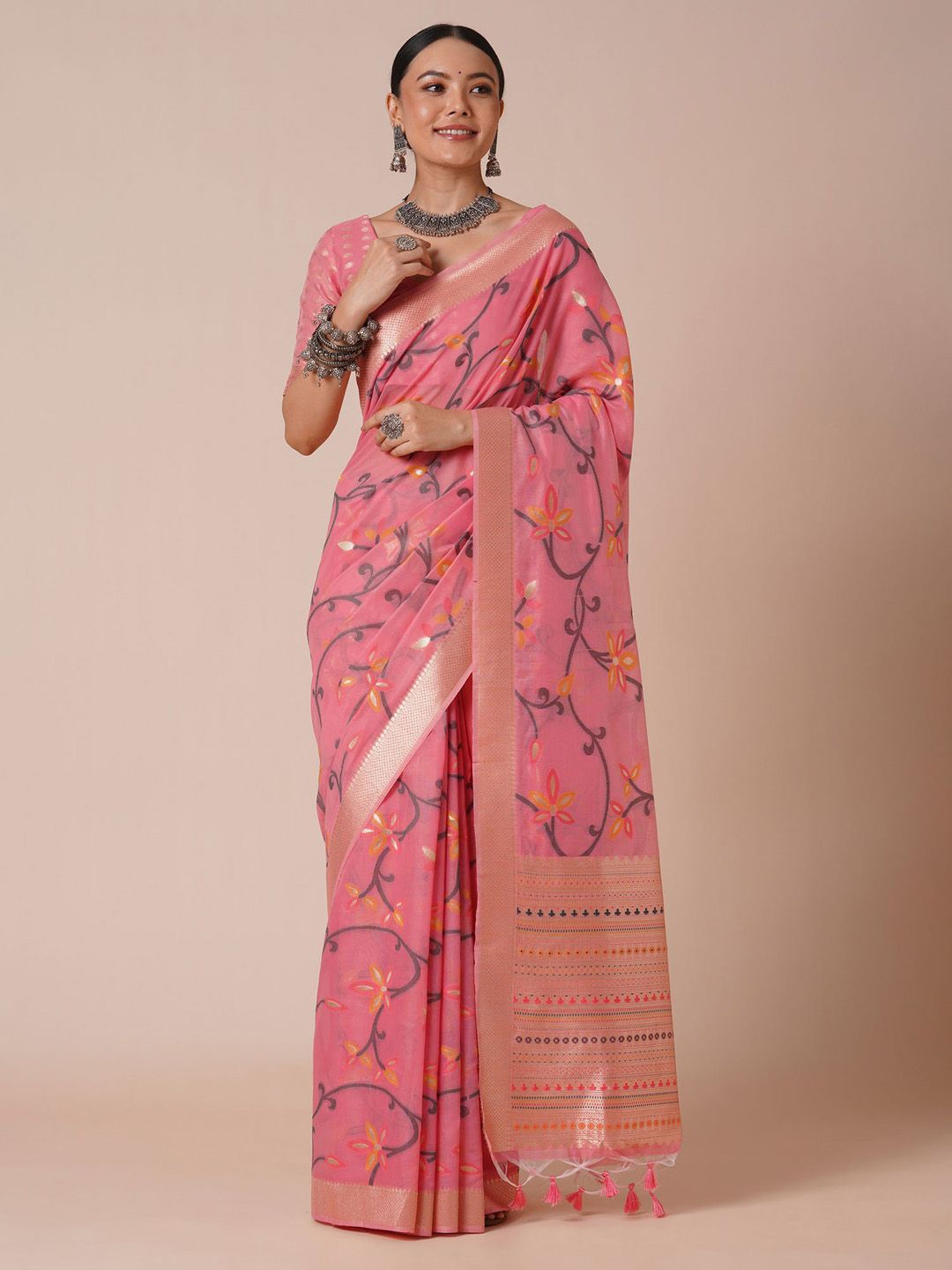 

House of Pataudi Ethnic Motif Woven Design Banarasi Silk Saree, Pink