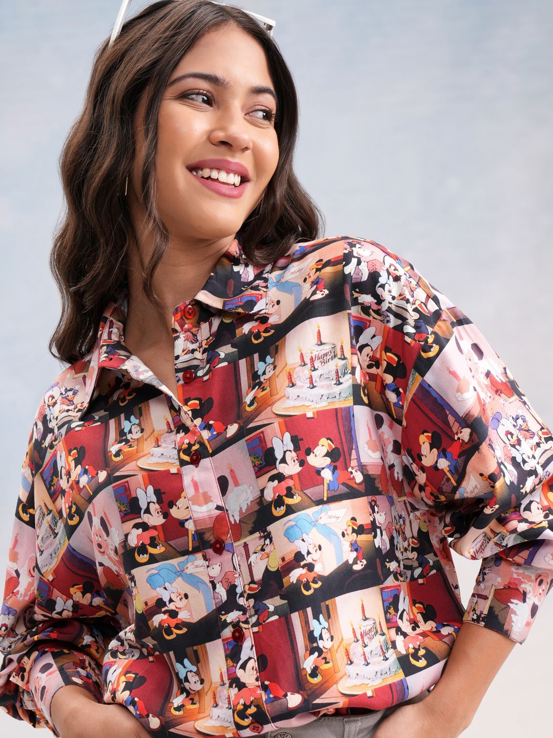 

Tokyo Talkies Women Mui Mickey And Friends Aop Oversized Fit Shirt, Brown