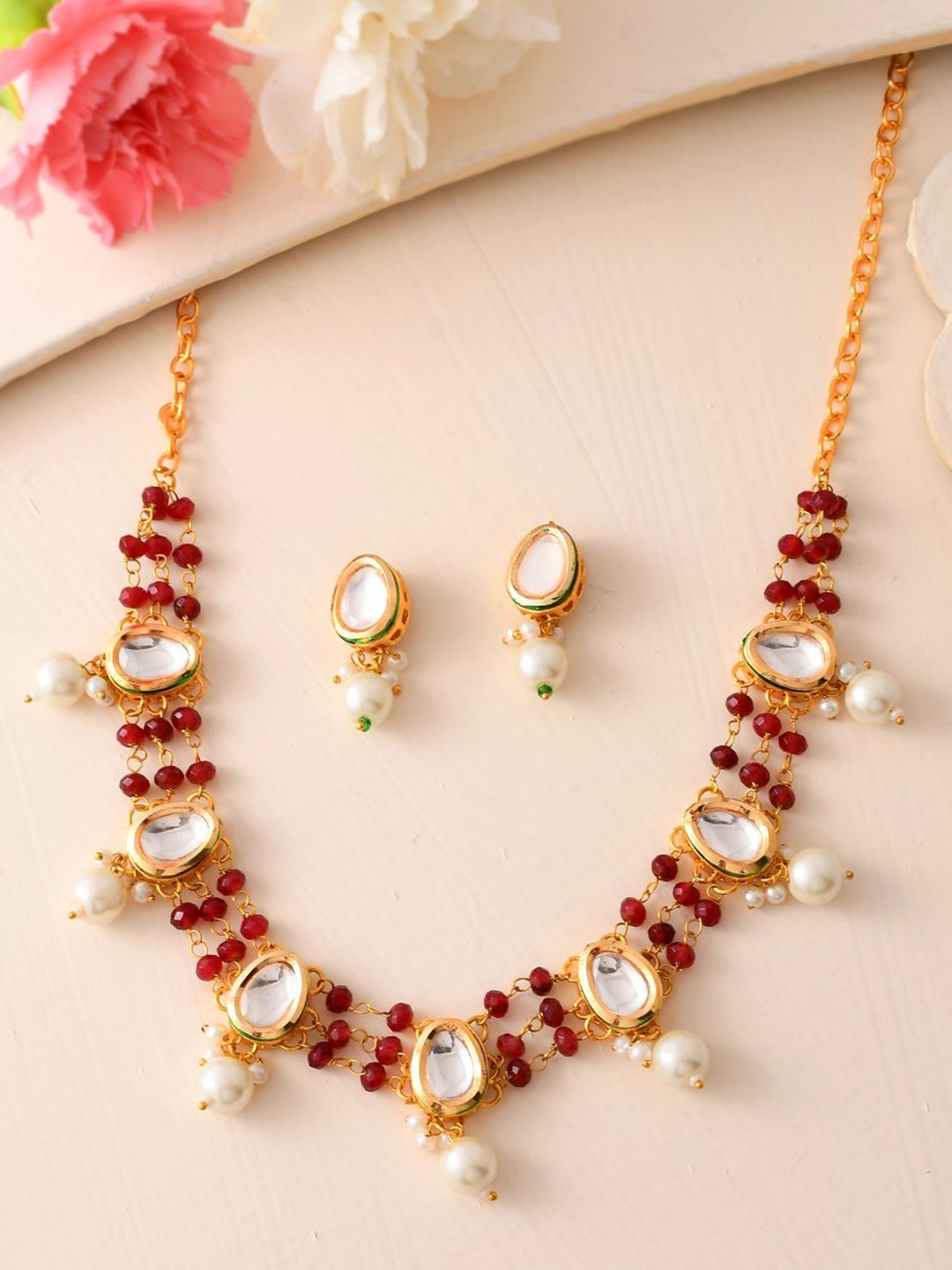 

DASTOOR Gold-Plated Stones Studded & Beaded Necklace and Earrings