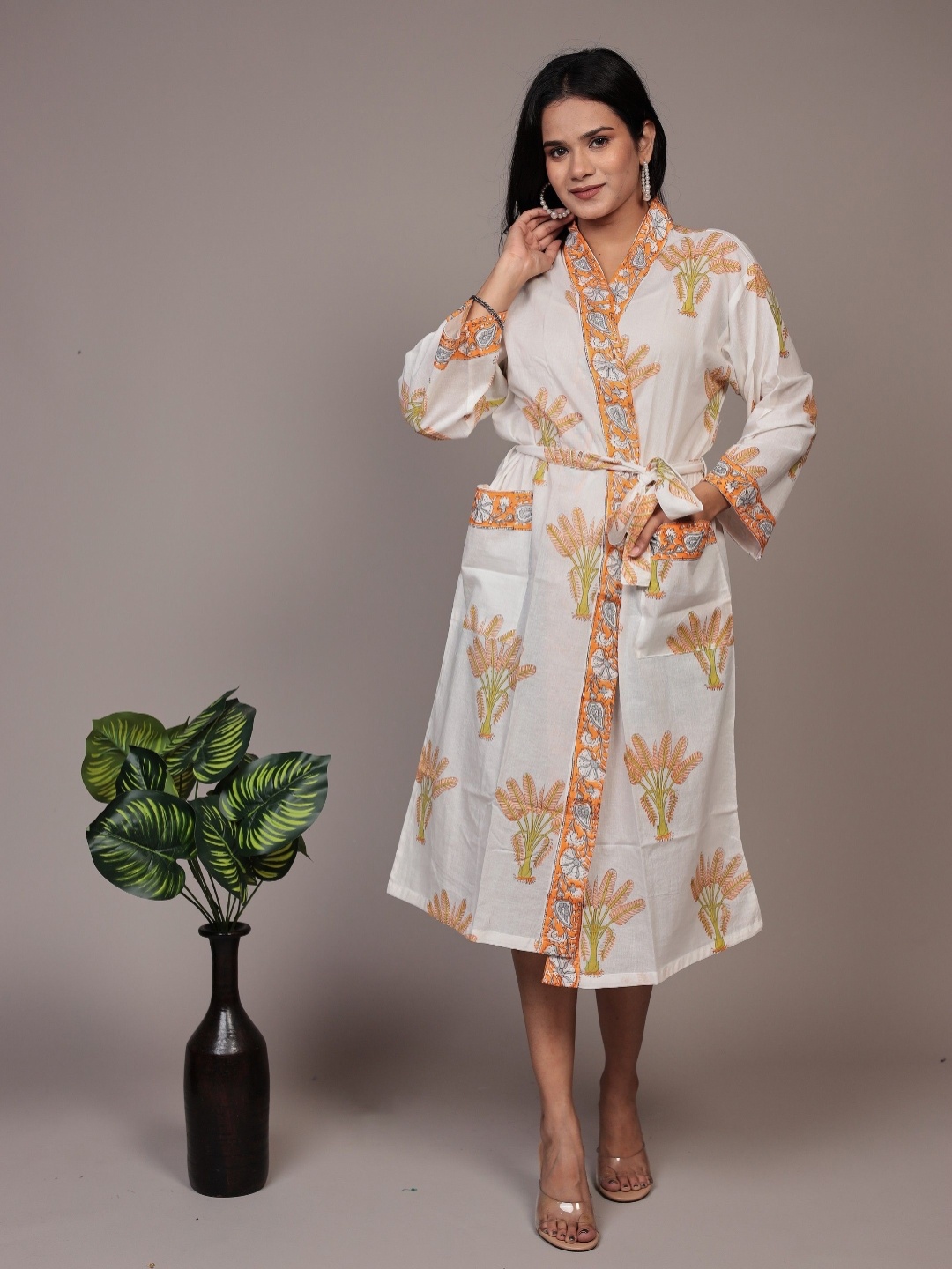 

Bohekant Women White & Orange Printed Pure Cotton BathRobe