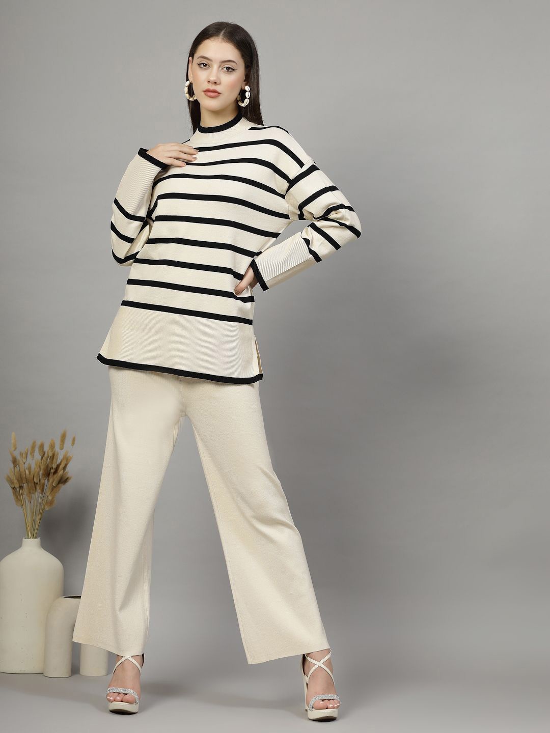 

Mafadeny Striped High Neck Top With Trouser, Off white