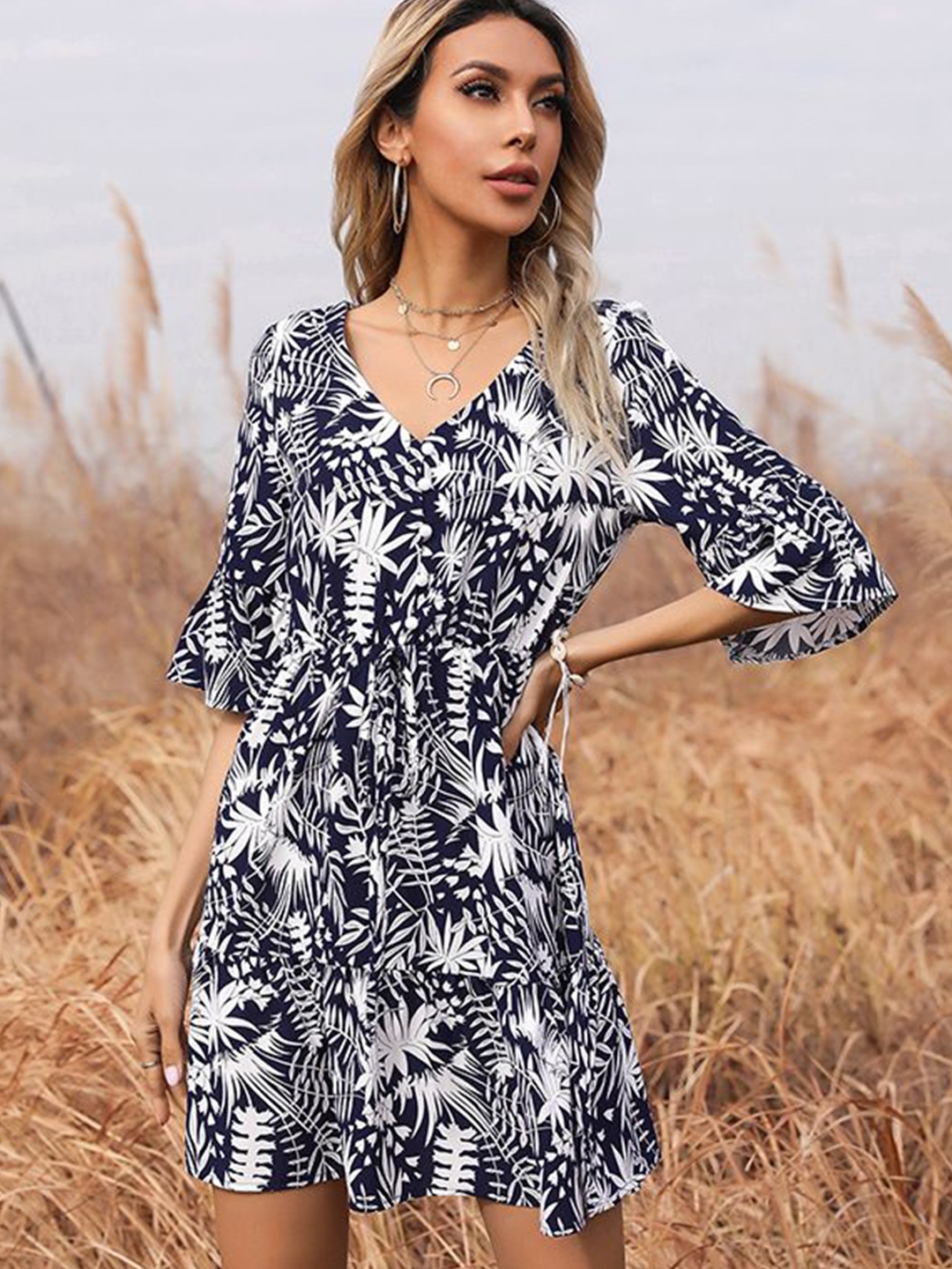 

StyleCast Floral Printed Bell Sleeve A-Line Mini Dress, Navy blue