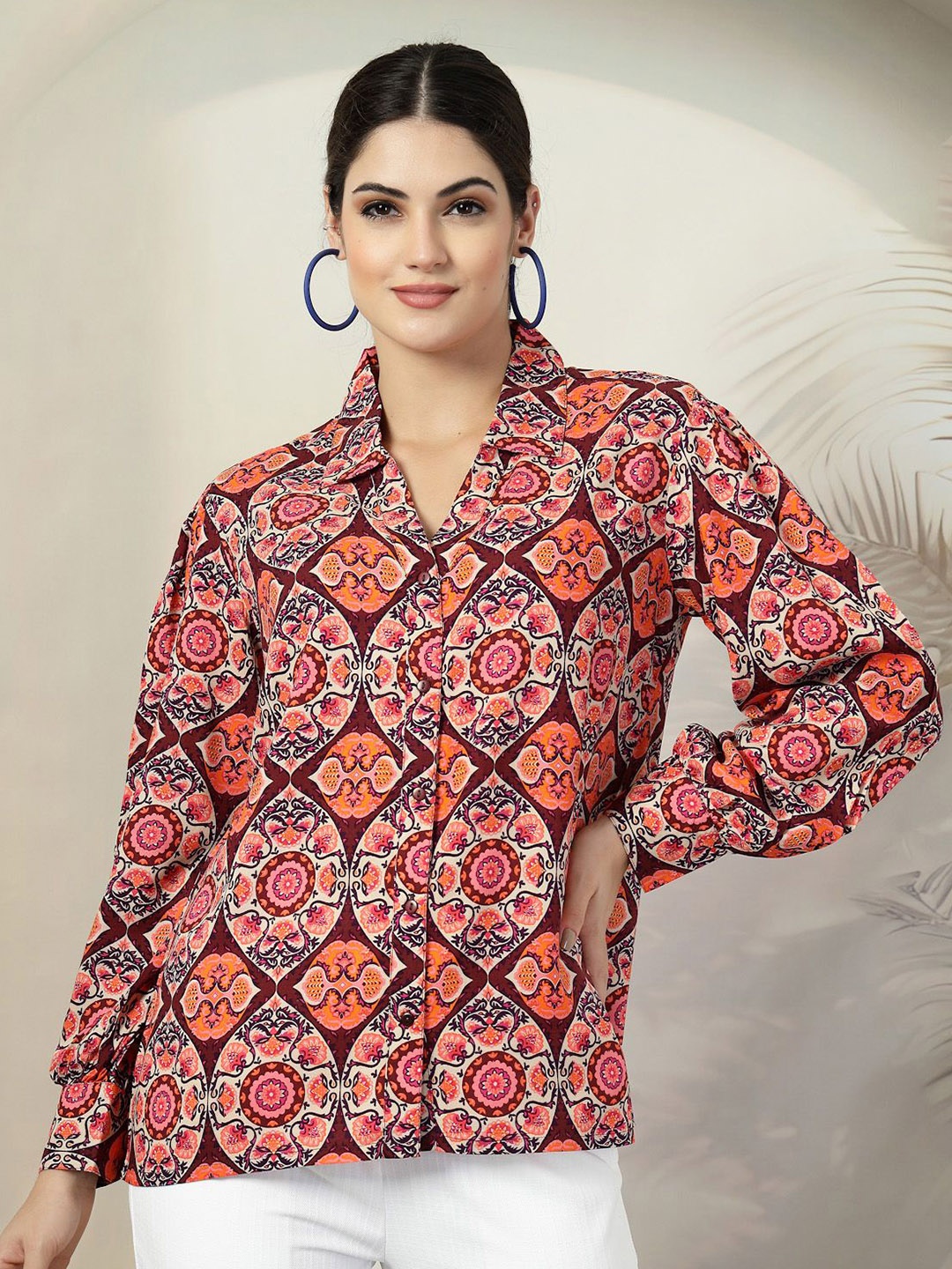

plusS Women Standard Spread Collar Ethnic Motifs Printed Casual Shirt, Brown