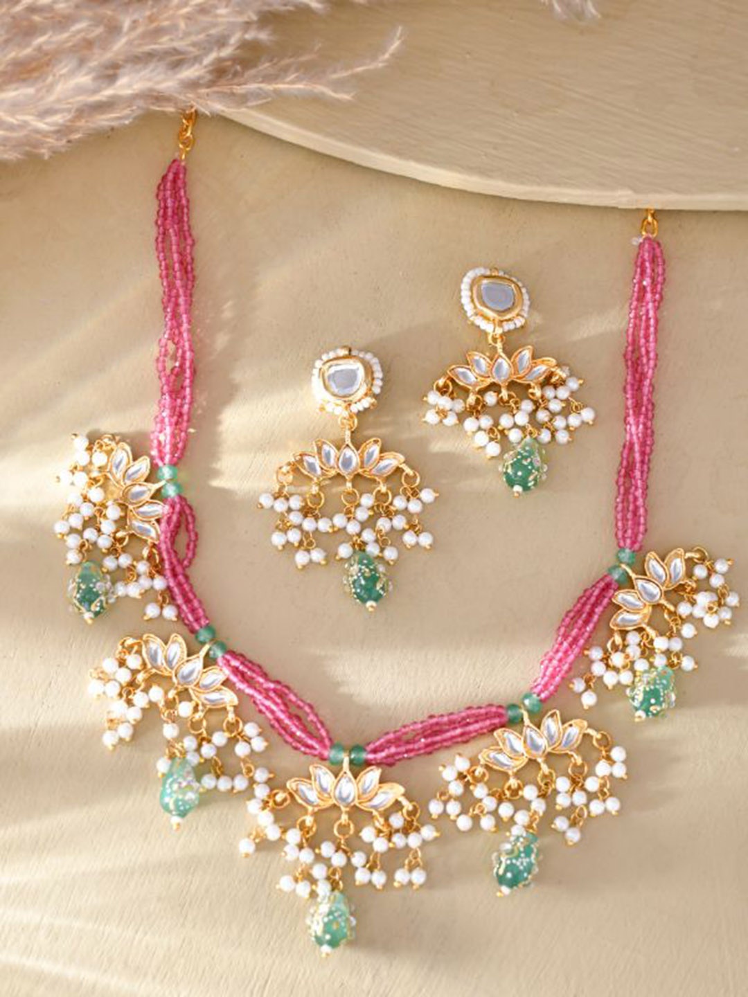 

DASTOOR Gold Plated Stone Studded & Beaded Jewellery Set