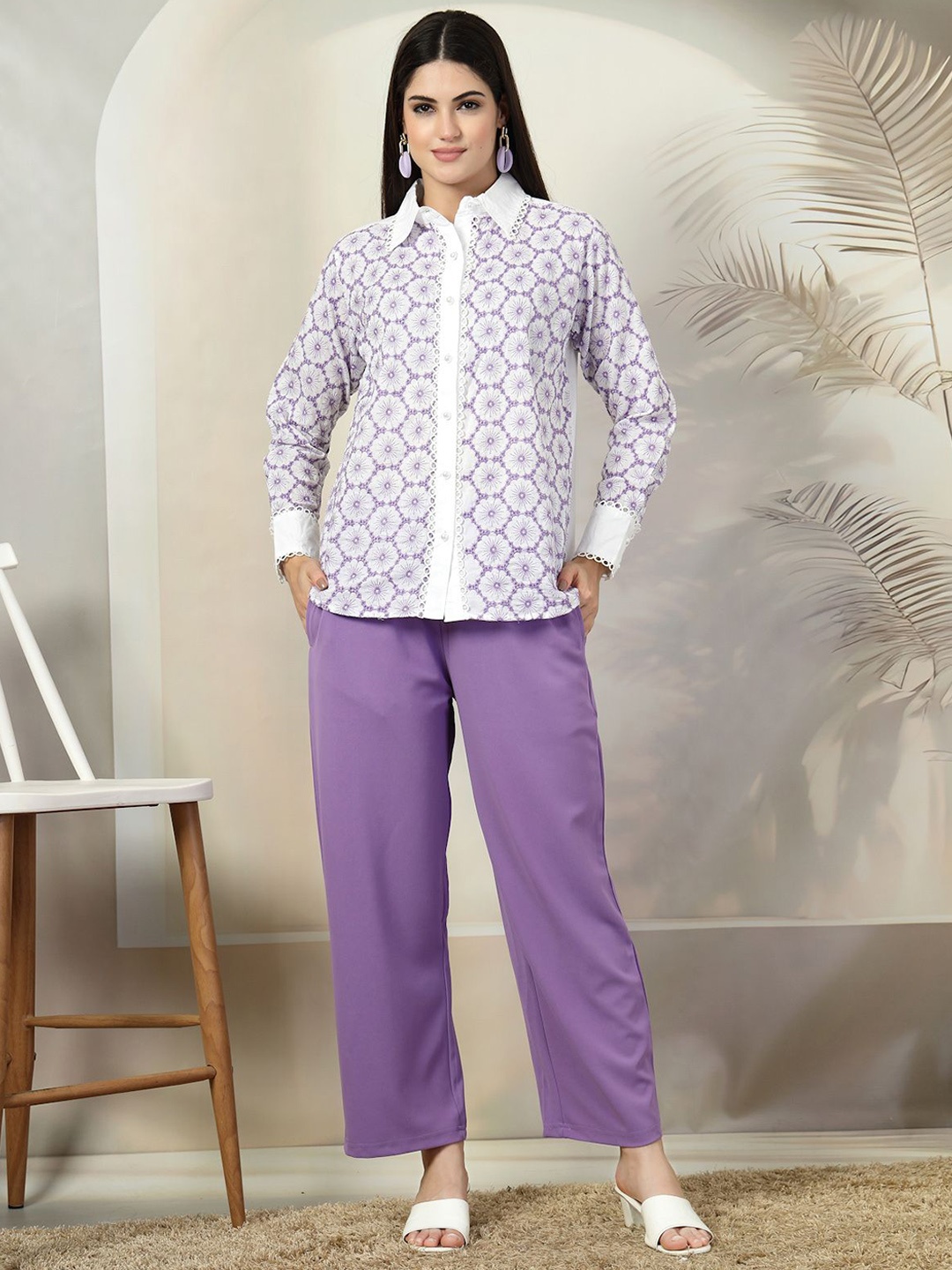 

plusS Embroidered Pure Cotton Shirt With Trousers Co-Ords, White