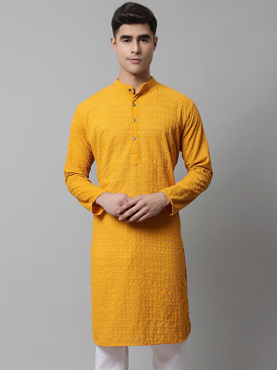 

Jompers Men Woven Design Embroidered Cotton Kurta, Mustard