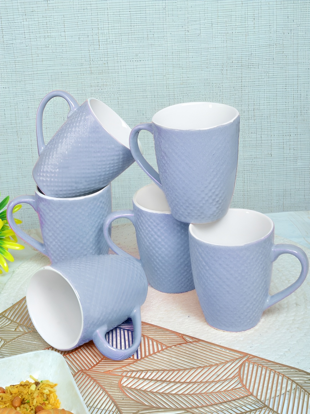 

FABINALIV Purple & White 6 Pieces Textured Ceramic Glossy Mugs 300 ml