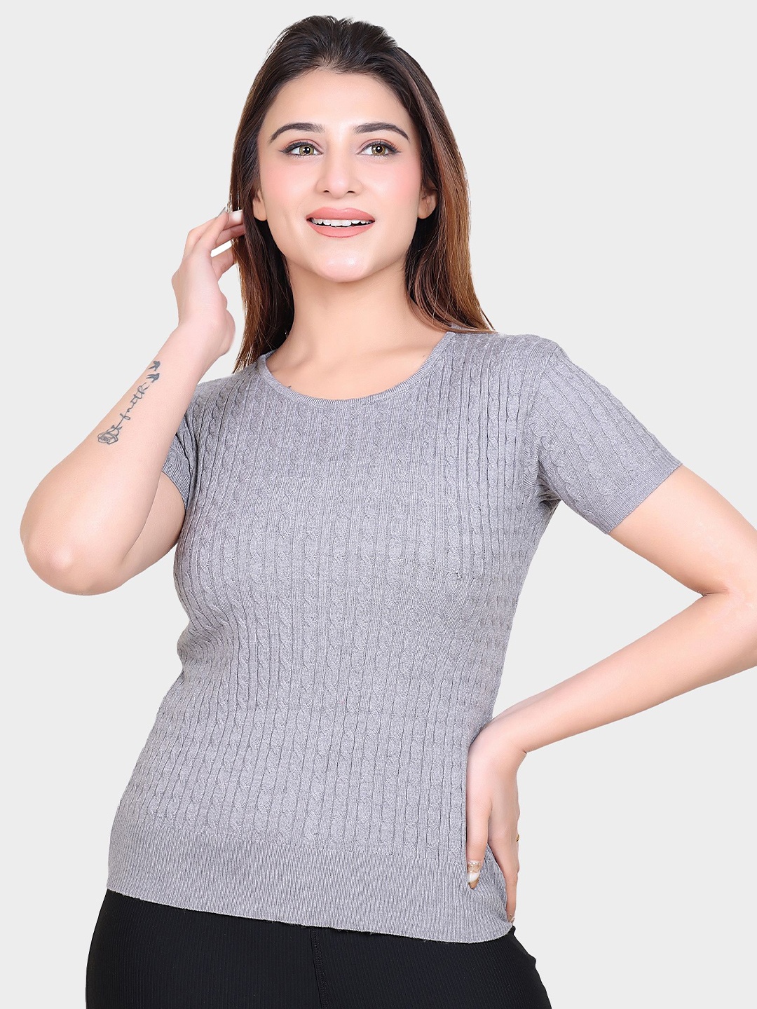 

LEZA Women Self Design Round Neck Cotton Top, Grey