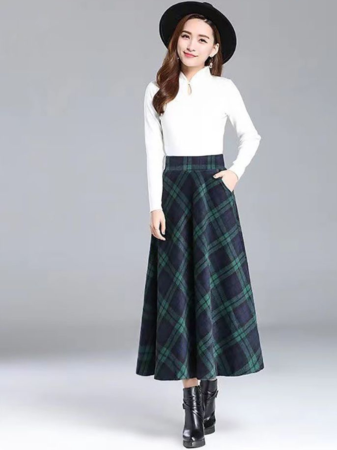 

StyleCast x Revolte Checked Flared Midi Skirts, Navy blue