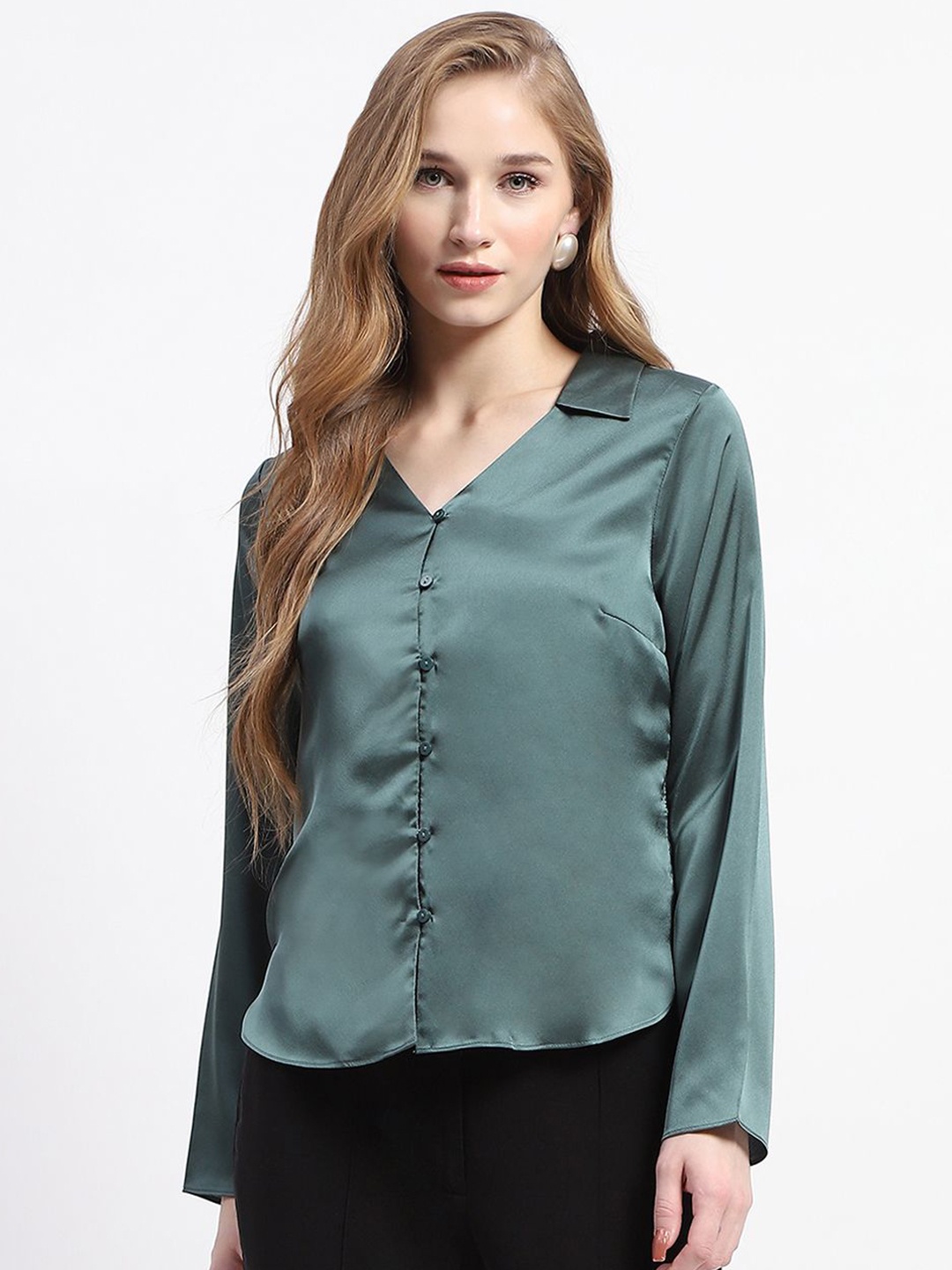 

Madame Women Solid V-Neck Top, Teal