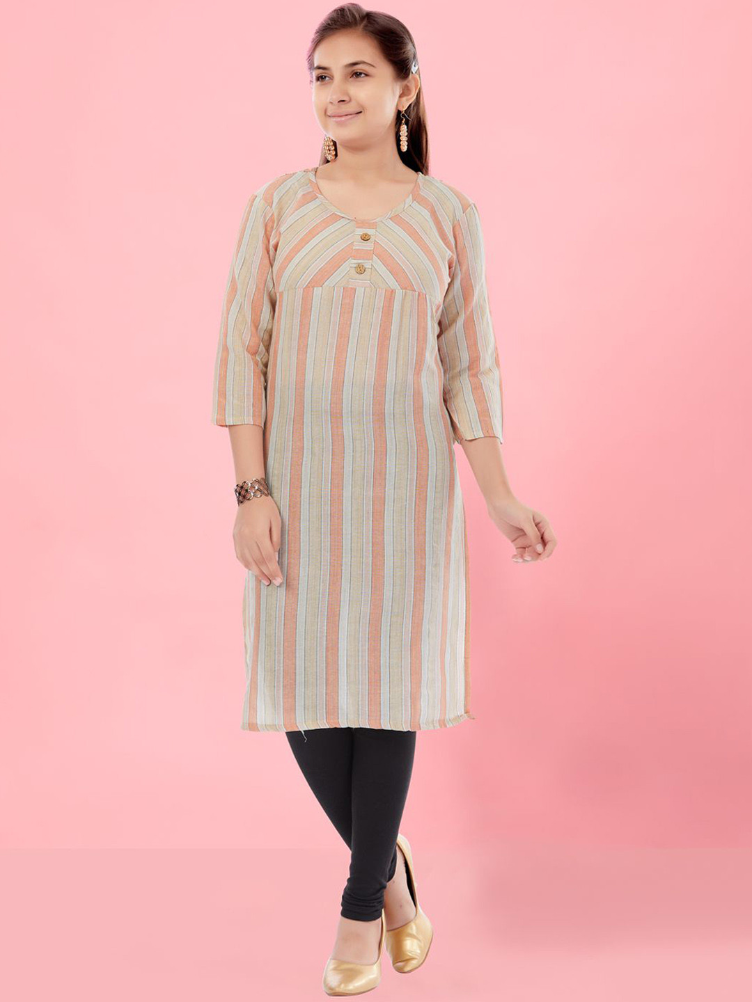 

BAESD Girls Striped Cold-Shoulder Sleeves Kurta, Peach