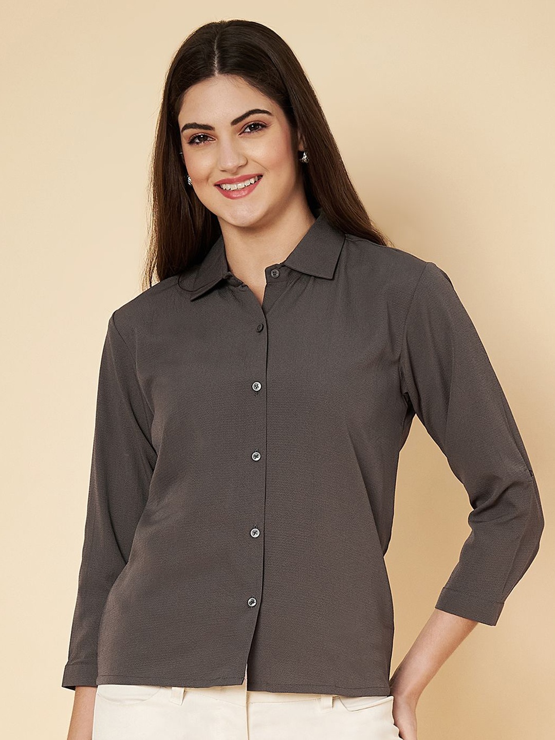 

Fbella Women Spread Collar Solid Casual Shirt, Grey