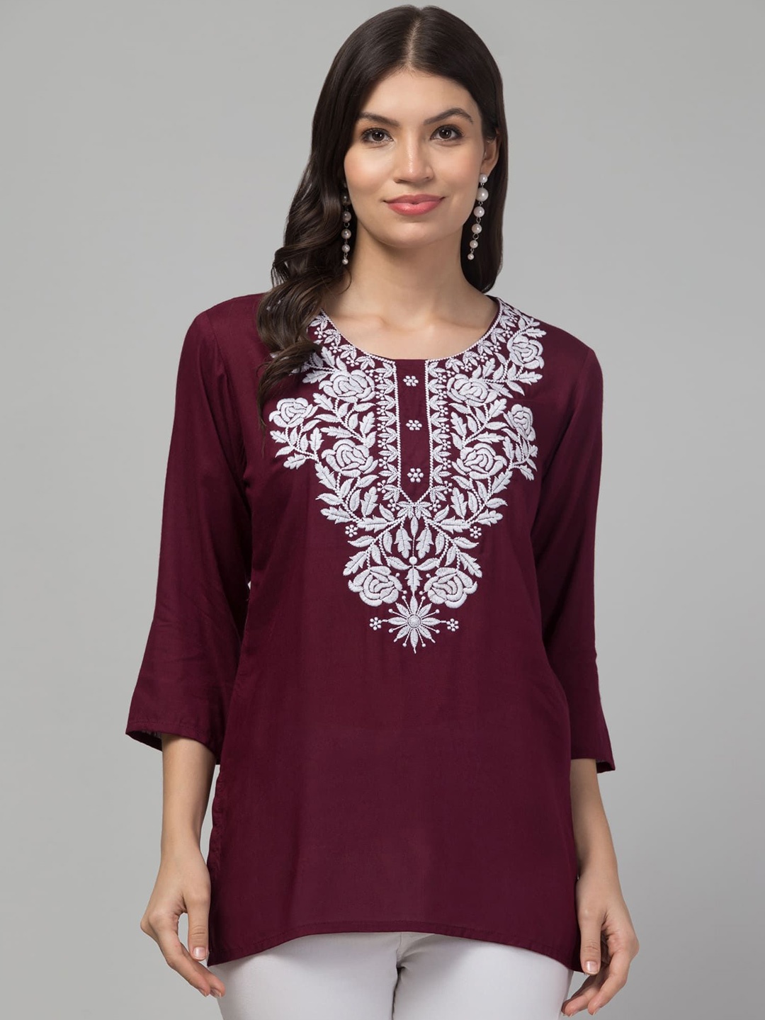 

FAMBEE Women Floral Embroidered Thread Work Pure Cotton Kurti, Rust