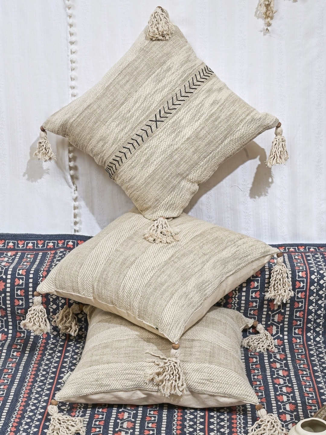 

ANWYN Cream & Black 3 Pieces Self Design Cotton Square Cushion Covers