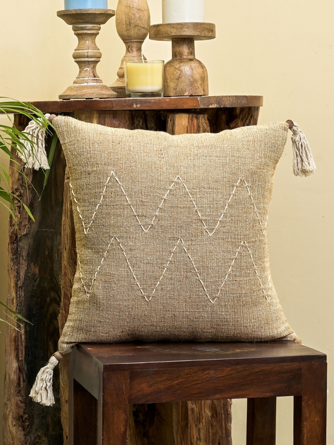 

ANWYN Beige & White Embroidered Cotton Square Cushion Covers