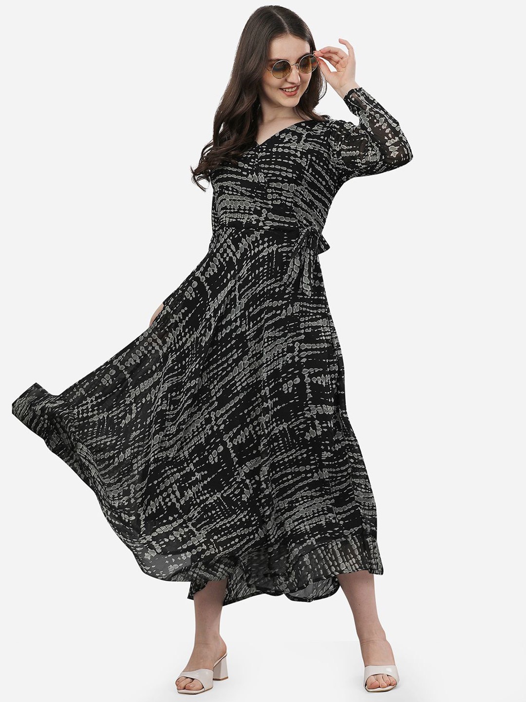 

Fashion2wear Women V-Neck Abstract Print Gathered or Pleated Maxi Dress, Black