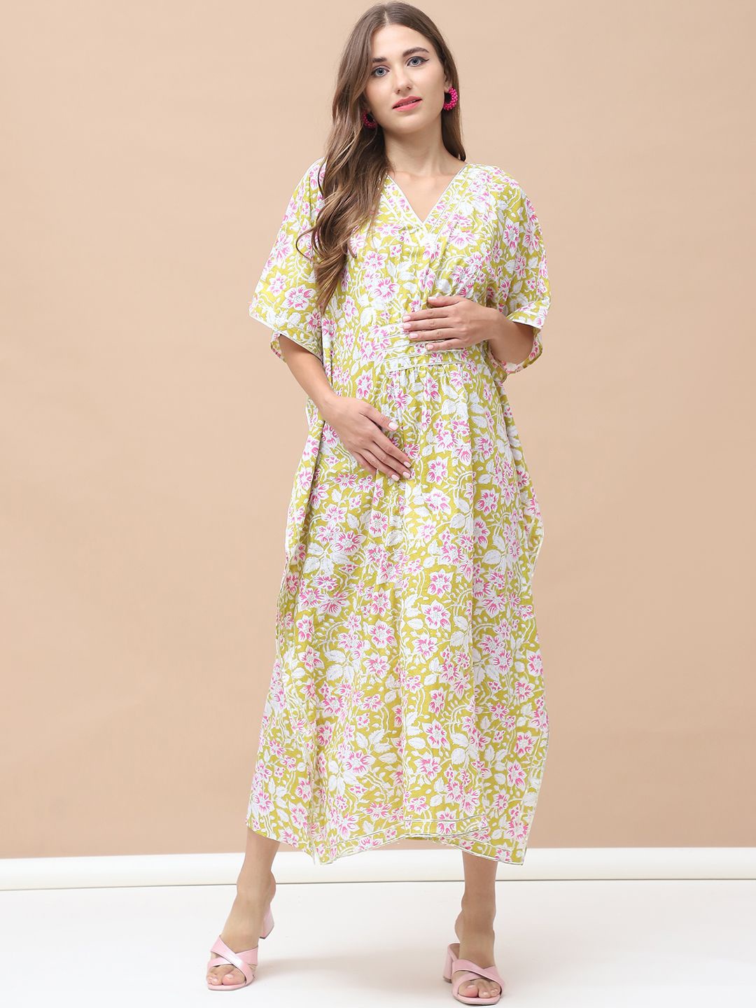 

Secret Wish Floral Print Maternity Kaftan Midi Dress, Green