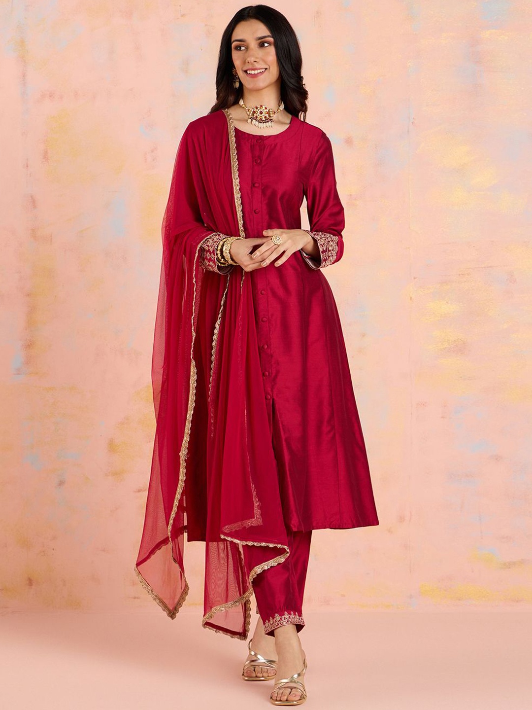 

Likha Embroidered Thread Work Round Neck A Line Kurta with Pyjamas & Dupatta, Maroon