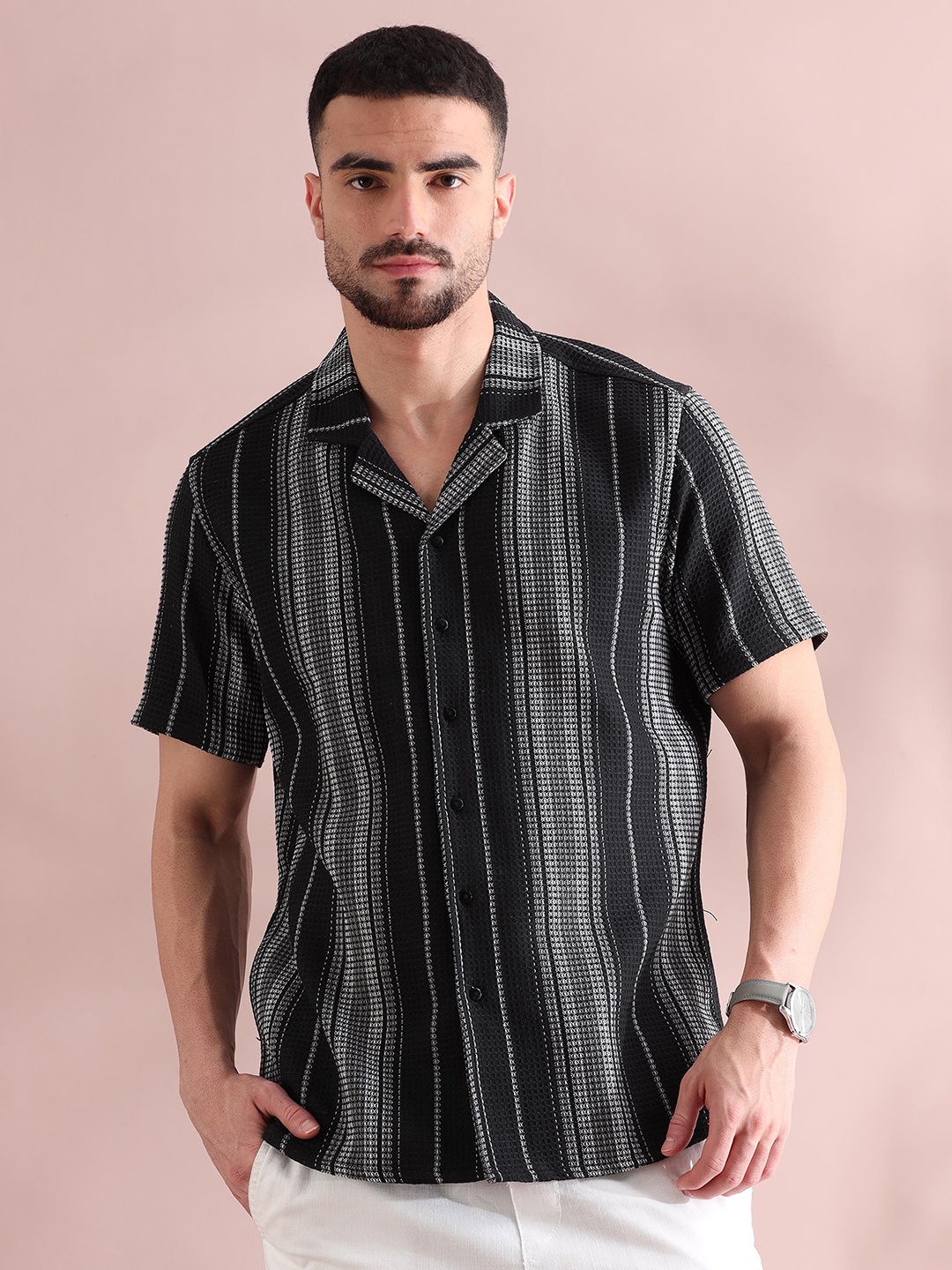 

FILORI Men Comfort Cuban Collar Vertical Striped Cotton Casual Shirt, Black