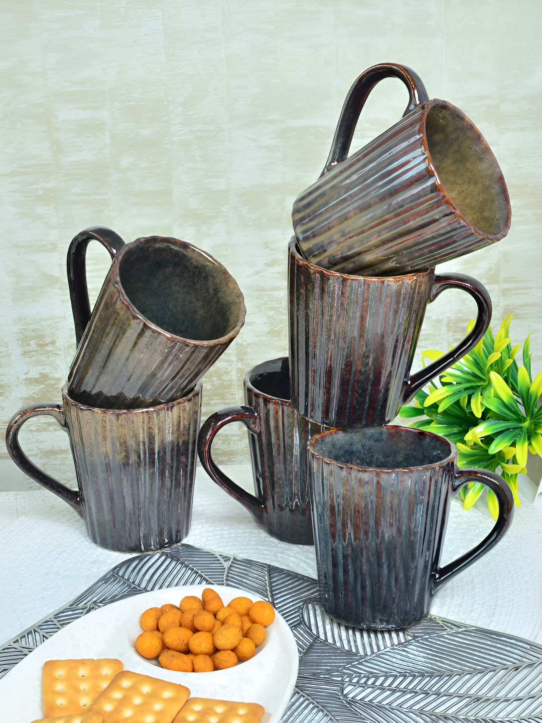 

FABINALIV Brown & Grey 6 Pieces Textured Ceramic Glossy Mugs 250 ml