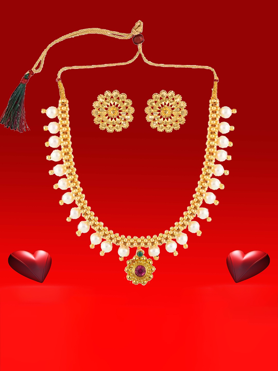 

Heer Collection Gold Plated Stone Studded & Beaded Matte Finish Jewellery Set