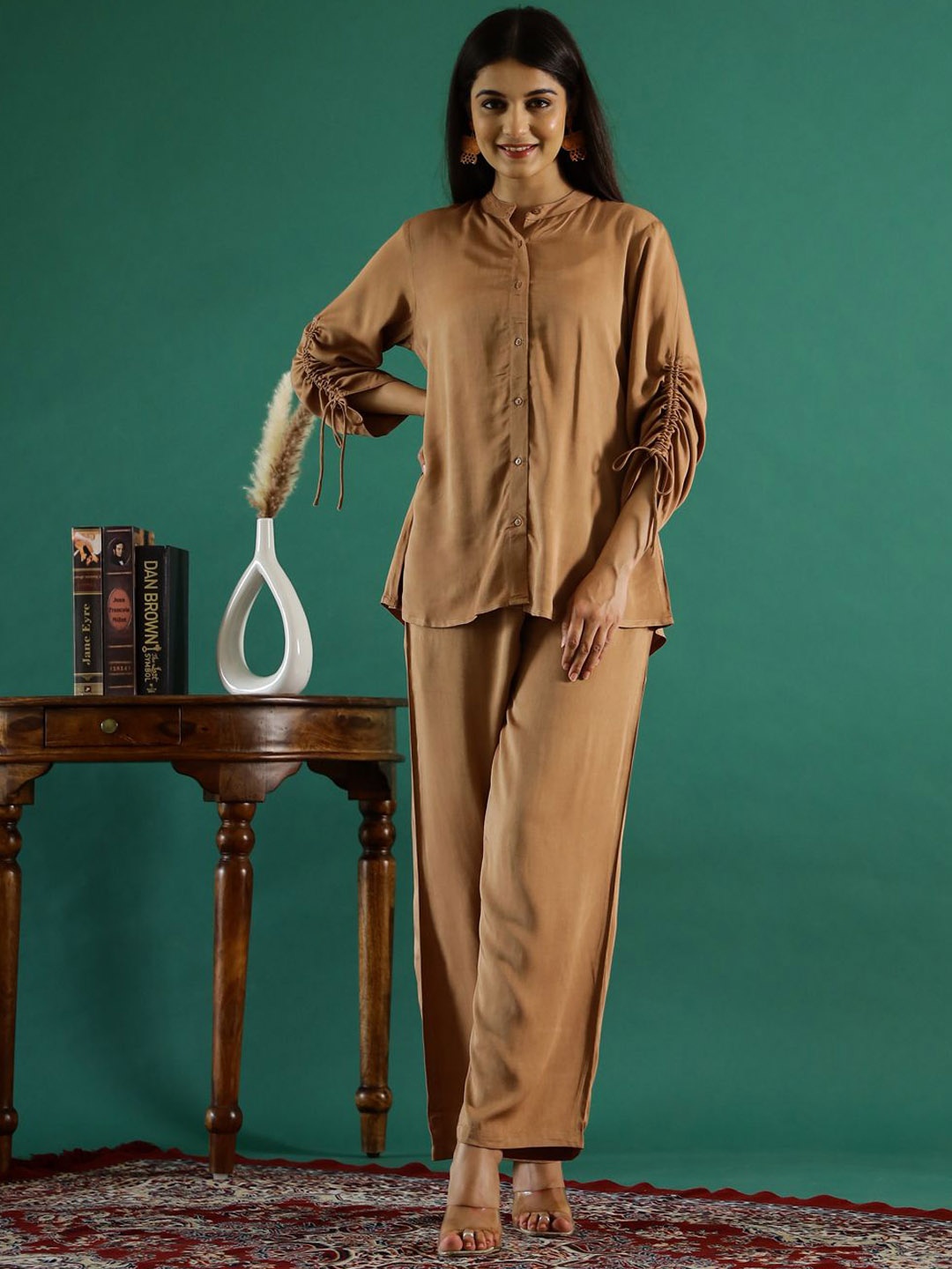 

RangDeep Mandarin Collar Pure Cotton Shirt With Trousers, Brown