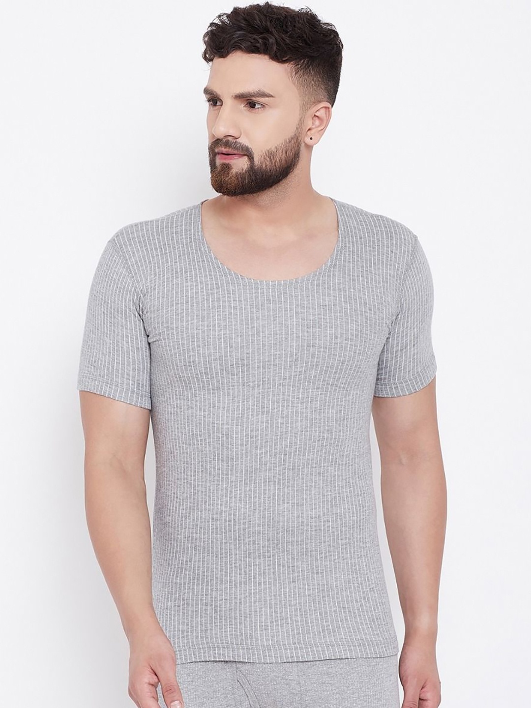 

NEVA Men Striped Thermal Tops, Grey melange